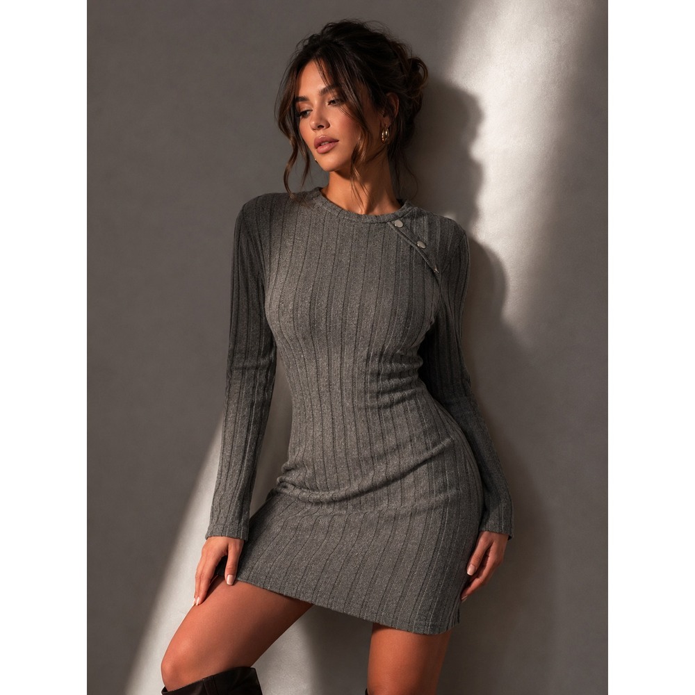 SHEIN Gray Knit Ribbed Bodycon Sweater Dress Size S 4 Long Sleeve Chic Winter